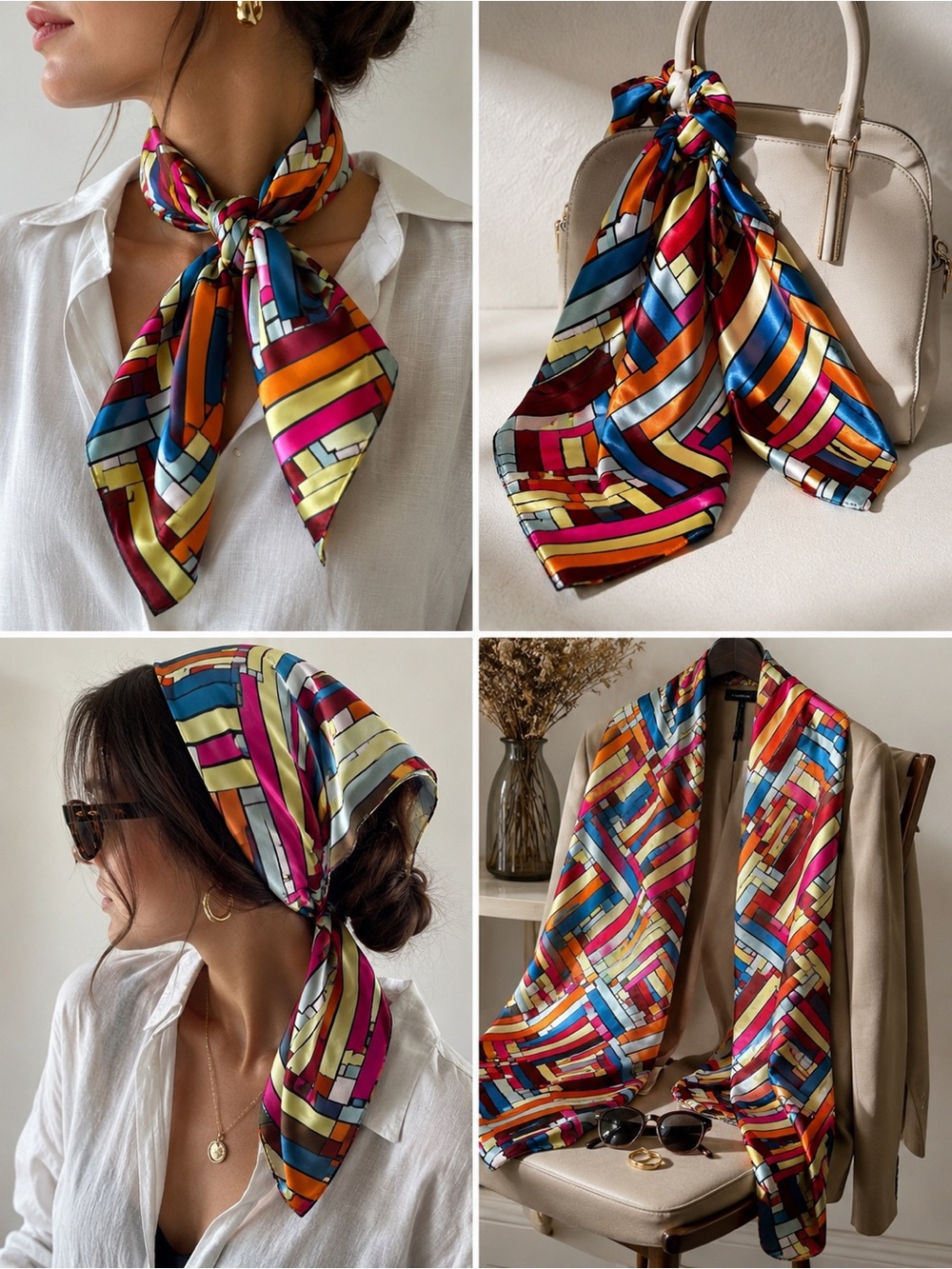 Evolve Silky 100% Polysilk Geometric Satin Oblong Scarf 18x58 Multicolor